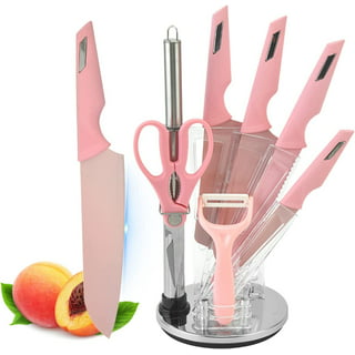 CHUYIREN Pink Knife Set of 6, Pink Kitchen Knives Sets with Knife Block,  Chef Knife Set for Kitchen, Dorm,Camping, Hiking, Picnicking, BBQ Dining