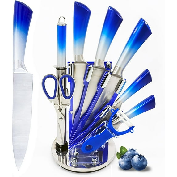 Kitchen Knife Set, 9-Piece Blue Professional Kitchen Knives Set with Acrylic Block, Non Stick Sharp Stainless Steel Chef Knife Set with Sharpener for Kitchen Cutting Kitchen Gifts for Women