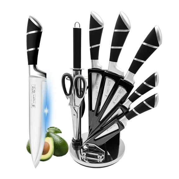 Kitchen Knife Set, 9-Pieces Black Sharp Non-Stick Coated Chef Knives Block Set, Stainless Steel Knife Set for Kitchen with Sharpener for Cutting Slicing Dicing Chopping