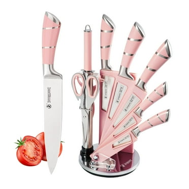 Kitchen Knife Set, 9-Pieces Pink Sharp Non-Stick Coated Chef Knives Block Set, Stainless Steel Knife Set for Kitchen with Sharpener for Cutting Slicing Dicing Chopping