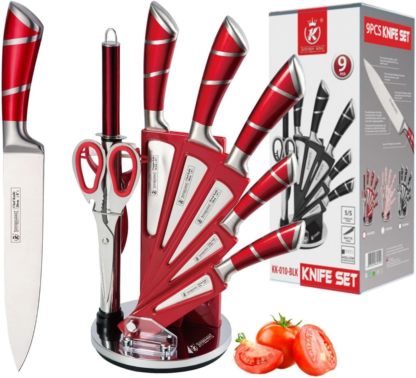 Kitchen Knife Set, 9-Pieces Red Coated Knife Block Set, Stainless Steel Chef knife Set with Sharpener Peeler Scissors, Sharp Non-Stick Knives Set with Rotatable Holder for Cutting Slicing Dicing