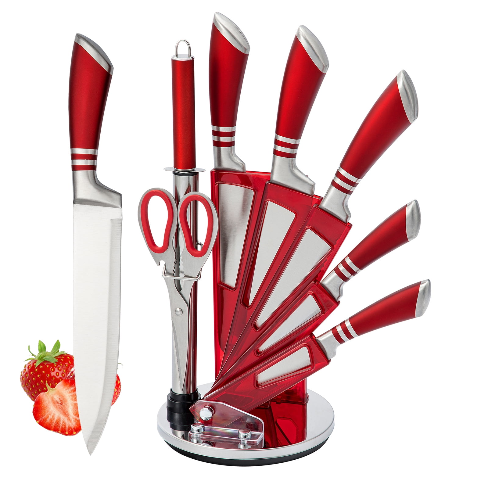 Kitchen Knife Set, 9-Pieces Red Professional Chef Knife Set with Hollow Handle, Ultra Sharp Stainless Steel Knife Block Set with Sharpener for Cutting Slicing Dicing Chopping
