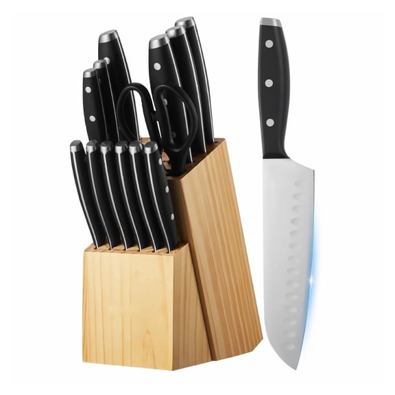 Kitchen Knife Set with Block, 15 Piece Stainless Steel Knife Set with Sharpener, High Carbon Chef Knives with Wooden Block, Ergonomic Handle Kitchen Cutlery for Home