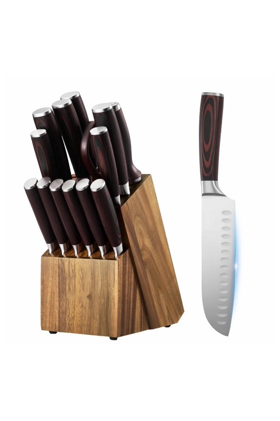 Kitchen Knife Set with Block, 15 Piece Stainless Steel Knives - Sharpener Included - High Carbon Steel, Rust Resistant, Ergonomic Handle - Home Chef Cutlery Gift