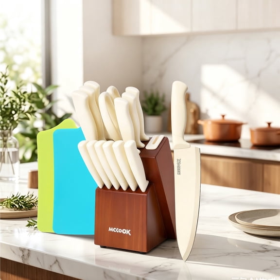 Kitchen Knife Set with Block, 16 Pcs Knives Block Set with Built-in Sharpener, Healthy Anti-Rust Coating & German Stainless Steel Knife Set, Dishwasher Safe Beige,2 Cutting Mats