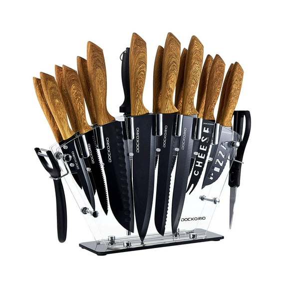 Kitchen Knife Set with Block, 19 PCS High Carbon Stainless Steel Sharp includes Serrated Steak Knives Set, Chef Knives, Bread Knife, Scissor, Sharpener