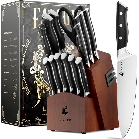 Kitchen Knife Set with Block - German High-Carbon Stainless Steel with Built-in Sharpener - Full Tang, Triple-Rivet Ergonomic Handle - Holiday Gift Idea - 15-Piece, Falcon Series