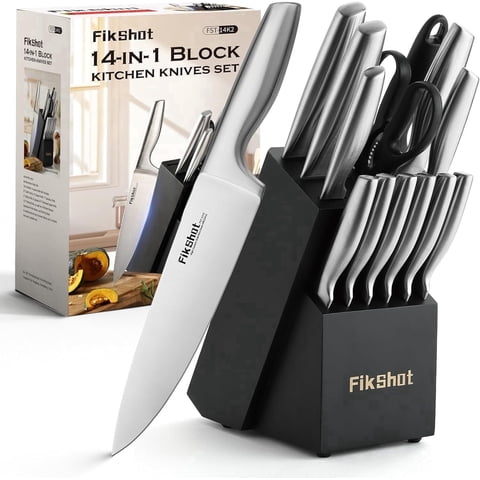 Kitchen Knife Set with Block and Sharpener, 14Pcs High Carbon Stainless Steel Professional Chef Knife Set, Rust-Resistant Knives with Ergonomic Handle for Cooking & Gifting