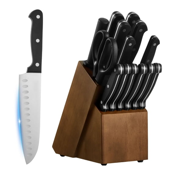 Kitchen Knife Set with Block and Sharpener, 15 Piece German High Carbon Stainless Steel Knife Set, Kitchen Cutlery with ABS Ergonomic Handle, Sharpening Rod and Wooden Block, for Home Cooks