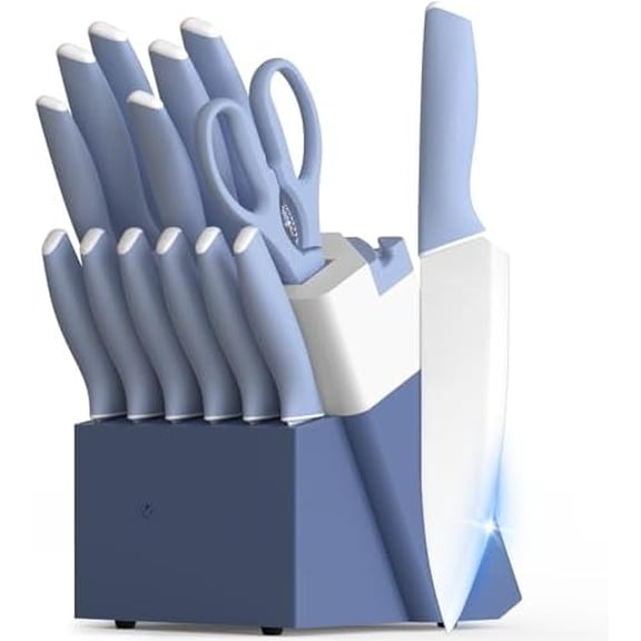 Kitchen Knife Set with Block and Sharpener 15 Piece German High Carbon Stainless Steel Knives Sharp Blade Dishwasher Safe Deba Knives with Ergonomic Handle, Delicate Blue