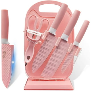  CHROME CLUB Stainless Steel Pink Knife Set with Block - 7 Piece  Pink Kitchen Knife Set with Durable Clear Knife Block and Sharpener -  Vibrant Pink Knives with Pink Kitchen Scissors