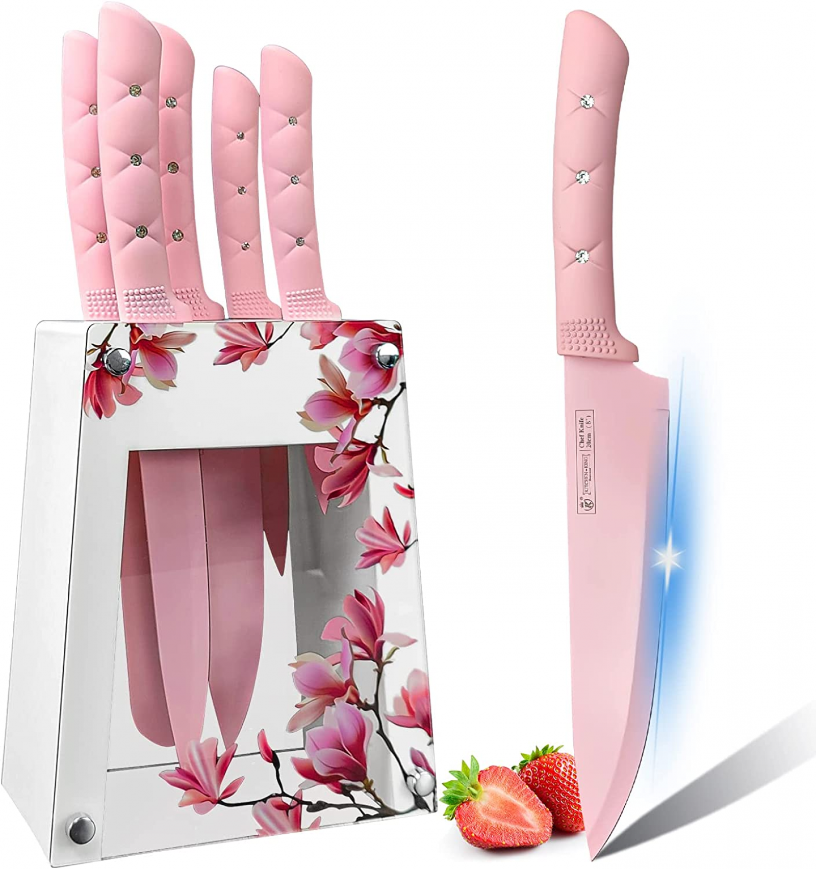 Kitchen Knife Set, Caliamary Pink Flower 6PC Stainless Steel Sharp Chef  Knife Set with Acrylic Stand, Cooking Non-slip Knife Set with Block,  Non-stick Colorful Coating Gift for Women Girls (Pink) 