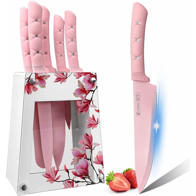 CHROME CLUB Stainless Steel Pink Knife Set with Block - 7 Piece Pink  Kitchen Knife Set with Durable Clear Knife Block and Sharpener - Vibrant  Pink