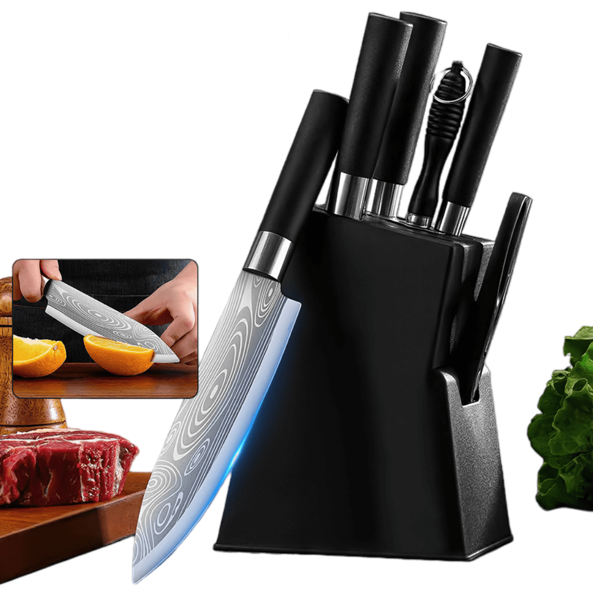 Kitchen Knife Set,DFITO 7 Pcs Knives Block Set with Built-in Sharpener, Healthy Anti-Rust Coating & Stainless Steel Knife Set, Dishwasher Safe Black