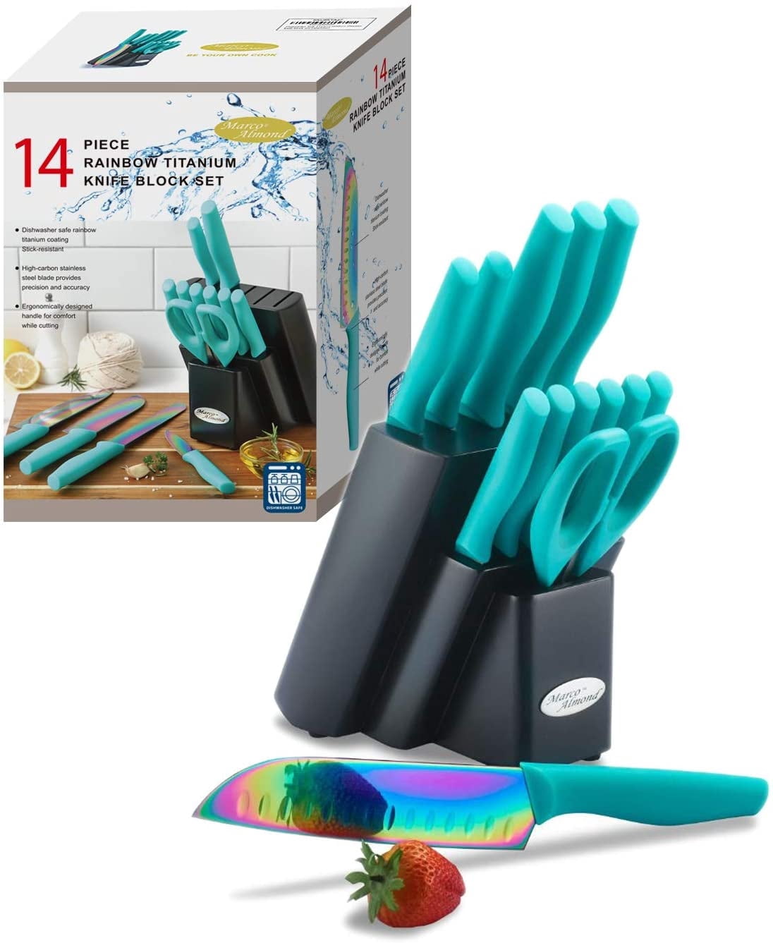 Kitchen Knife Set DISHWASHER SAFE Marco Almond  KYA27 14PC Rainbow Kitchen Knife Block Set,Titanium Cutlery Knife Set,Teal