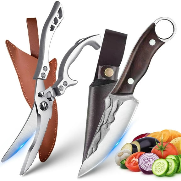 Kitchen Knife Set,Forged Hunting Knife with Heavy Duty Kitchen Shear,Full Tang Fixed Blade Knife Wood Handle with Lanyard,Camping Knife Fishing Knife w/ Sheath