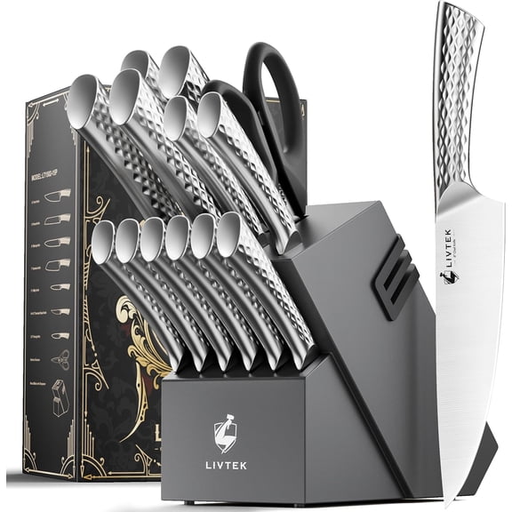 Kitchen Knife Set German High-Carbon Stainless Steel with Built-in Sharpener - Full Tang Ergonomic Handle - Anti-Rust & Ultra Sharp - 15-Piece Set, Galaxy Series