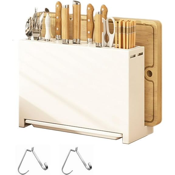 Kitchen Knife Set Holder: Knife Holder for Kitchen Counter, Integrated Chopsticks Cutting Board Storage Rack Organizer, Multifunctional Storage Knife Stand, Wooden Kitchen Knife Storage Rack