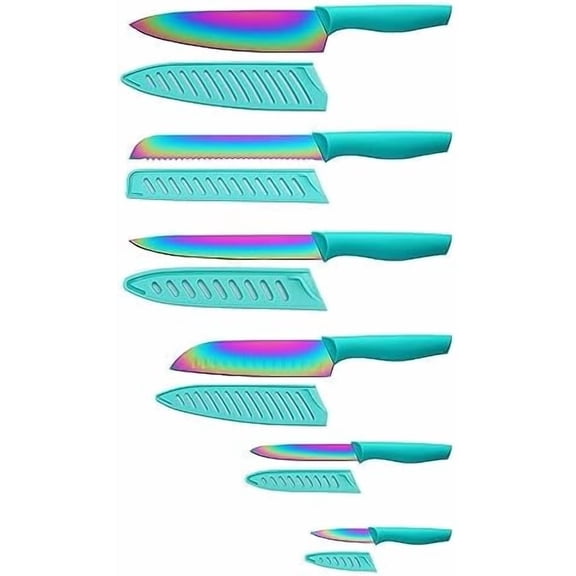 Kitchen Knife Set, KYA37 12-Piece Rainbow Titanium Stainless Steel Boxed Knives Set for Kitchen with Covers, 6 Knives with 6 Blade Guards