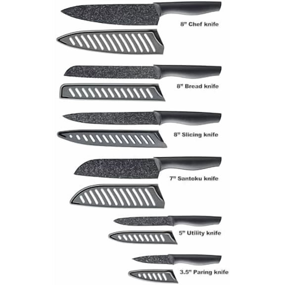 Kitchen Knife Set, KYA39 12-Piece Chef Knife Sets, 6 Knives with 6 Blade Guards, Stainless Steel Knives Set for Kitchen with Covers, Black
