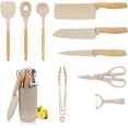 thumbnail image 1 of Kitchen Knife Set, Knife Sets with Block and 4 PCS Kitchen Utensils Set, 10-in-1 Cooking Utensils Set with Knife Set and Utensils Holder, Silicone Spatula Set for Kitchen (Khaki), 1 of 3