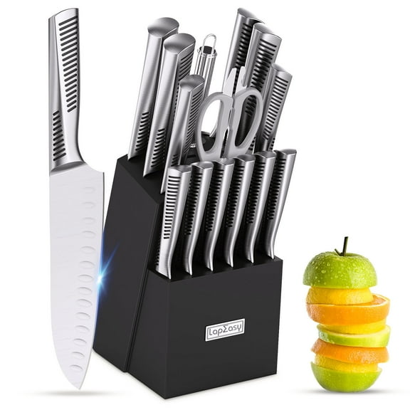 Kitchen Knife Set, LapEasy 15 Piece Knife Sets with Block Chef Knife Stainless Steel Hollow Handle Cutlery with Manual Sharpener