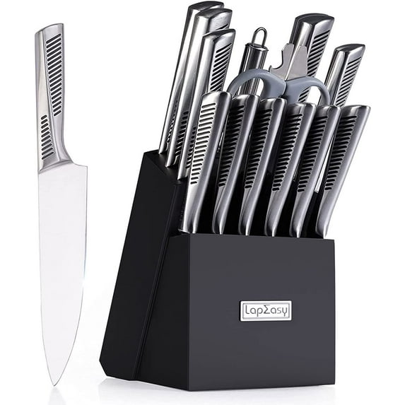 Kitchen Knife Set, LapEasy 15 Piece Knife Sets with Block Chef Knife Stainless Steel Hollow Handle Cutlery with Manual Sharpener