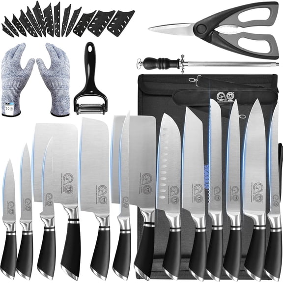 Kitchen Knife Set with Magnetic Knife Block Cutting Board Scissors Honing Steel Professional Knife Block Set High Carbon Steel Blade Meat Cleaver Full Tang Wood Handle