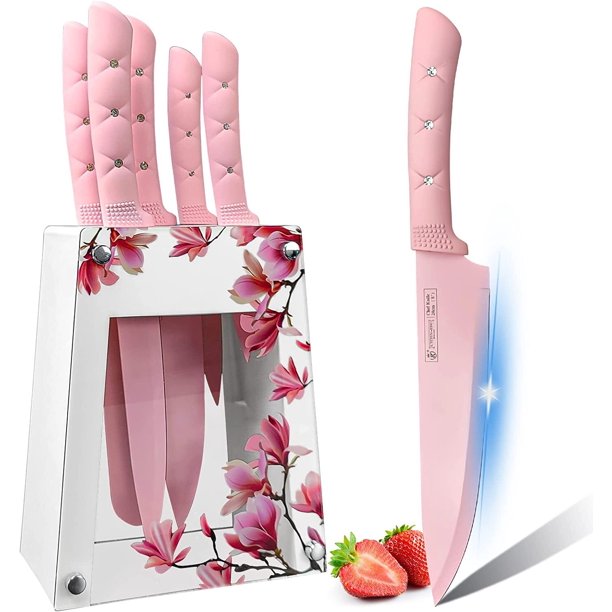 Kitchen Knife Set,Pink Flower 6PC Stainless Steel Sharp Chef Knife Set with Acrylic Stand