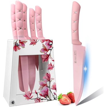Kitchen Knife Set,Pink Flower 6PC Stainless Steel Sharp Chef Knife Set with Acrylic Stand, Cooking Non-slip Knife Set with Block, Non-stick Colorful Coating Gift for Women Girls