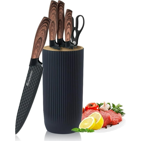 Kitchen Knife Set, Retrosohoo 6-Pieces Black Sharp Knife Set for Kitchen, Non-stick Non-slip Stainless Steel Chef Knife Set with Universal Knife Block Suitable for Home Restaurant(Wood Grain)