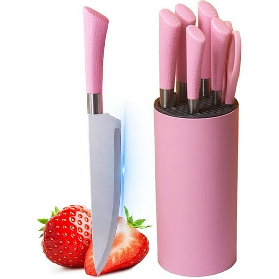 Kitchen Knife Set, Retrosohoo 7-Pieces Pink Non-stick Chef Knife Set with Storage Block, PP Handle Ultra Sharp Stainless Steel Cooking Knives with Gift Box for Girls Women (Pink)