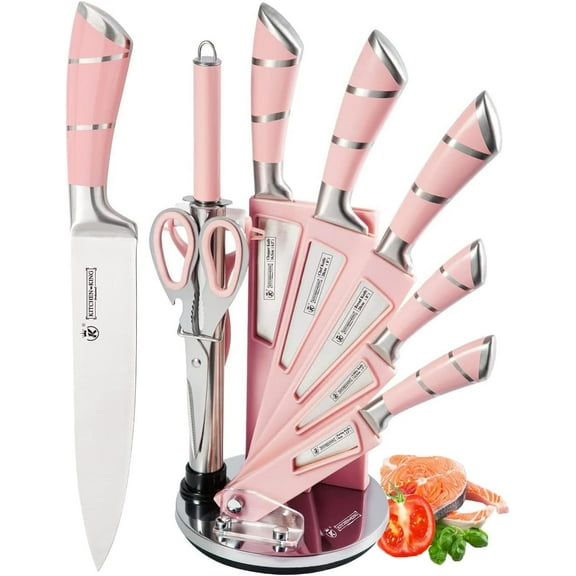 Kitchen Knife Set, Retrosohoo 9-Pieces Pink Sharp Non-Stick Coated Chef Knives Block Set,Stainless Steel Knife Set for Kitchen with Sharpener for Cutting Slicing Dicing Chopping (Pink)
