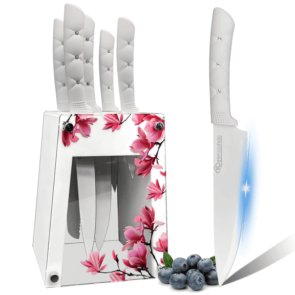 Kitchen Knife Set,White Flower 6PC Stainless Steel Sharp Chef Knife Set with Acrylic Stand, Cooking Non-slip Knife Set with Block, Non-stick Colorful Coating Gift for Women Girls