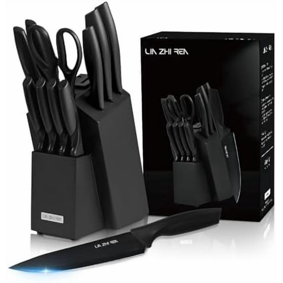 Kitchen Knife Set with block and Sharpener, 13 Pieces German Stainless Steel Knife Block Set for Chopping, Professional Chef Knife, Lightweight, Black Anti-slip Handle, Dishwasher Safe