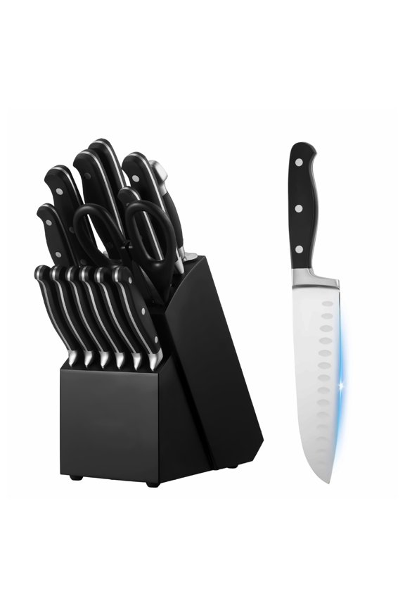 Kitchen Knife Set with Block, 15 Piece Stainless Steel Knives, Sharpener Included, High Carbon Steel Chef Knives, Home Kitchen Cutlery Gift