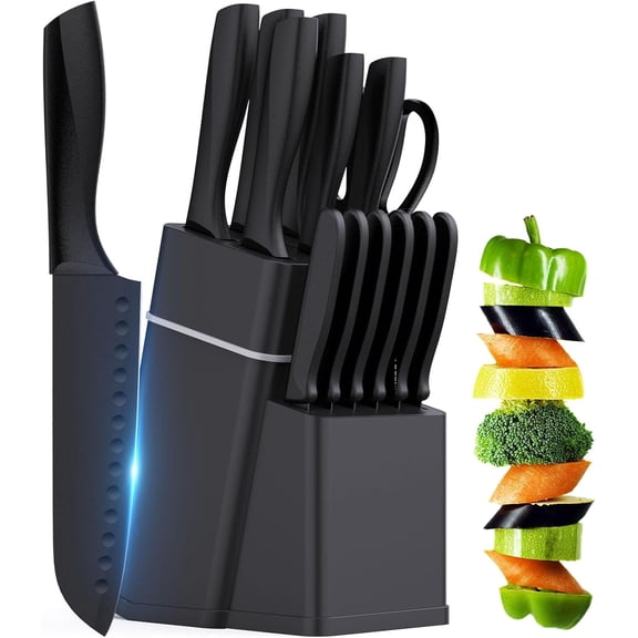 Kitchen Knife Set with Block 15 Pieces Knife Sets with Built in Sharpener, Dishwasher Safe, Stainless Steel Blades Kitchen Knives