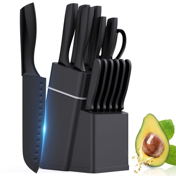 RAINBEAN 15 piece black kitchen knife set with block, built-in sharpener, stainless steel blades