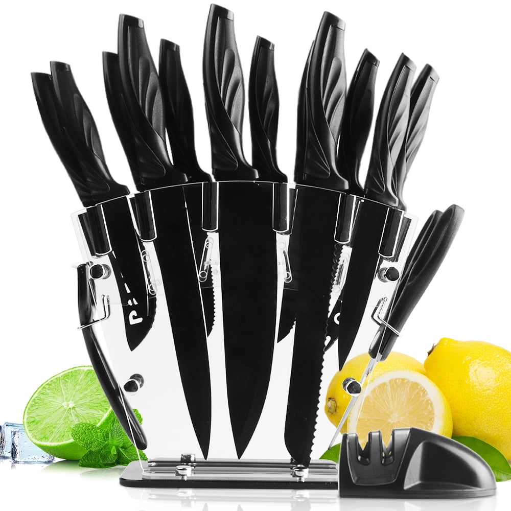 Kitchen Knife Set with Block, Sharpener and Acrylic Stand, 17 PCS