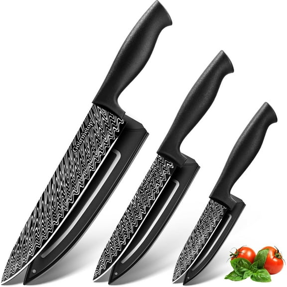 Kitchen Knife Set with Sheath 3 Piece Set, Black Chef Knife Set, Sharp Kitchen Knife with Sheath, 8" Chef Knife, 5" Utility Knife, 3.5" Paring Knife