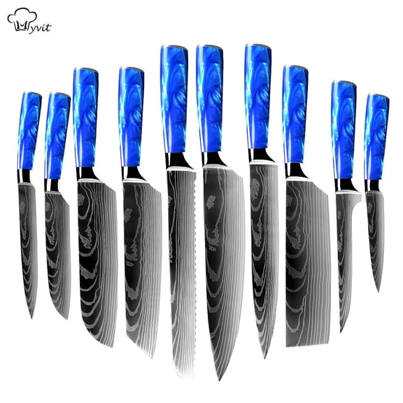 Kitchen Knives Set 10pcs Japanese Chef knife Blue Resin Handle 7CR17 Damascus Pattern Santoku Cleaver Slicing Utility Knives