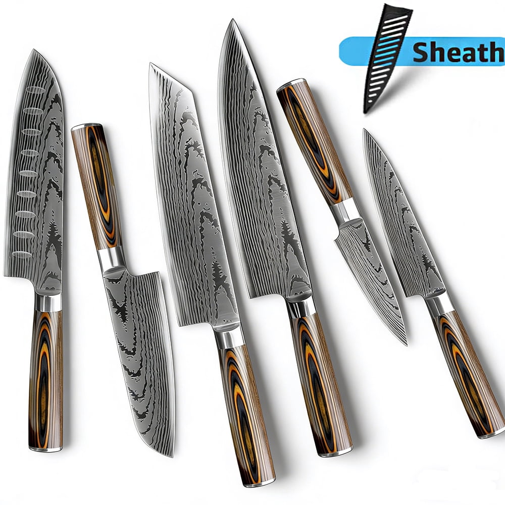 Kitchen Knives Set 6Pcs High Carbon Stainless Steel Damascus Laser Chef Knife with Covers Sharp Cooking Knife Boning Knife Santoku Knife