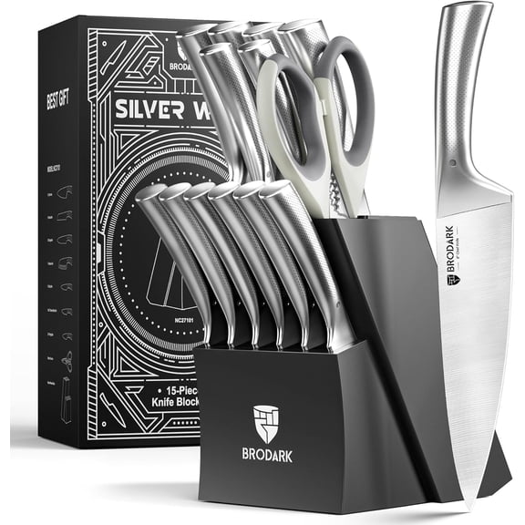 Kitchen Knives Set with Block and Sharpener 15 Pcs Ultra Sharp Chef knife High Carbon Stainless Steel Ergonomic Handle Non-Slip Grip Silver Wolf Series with Gift Box