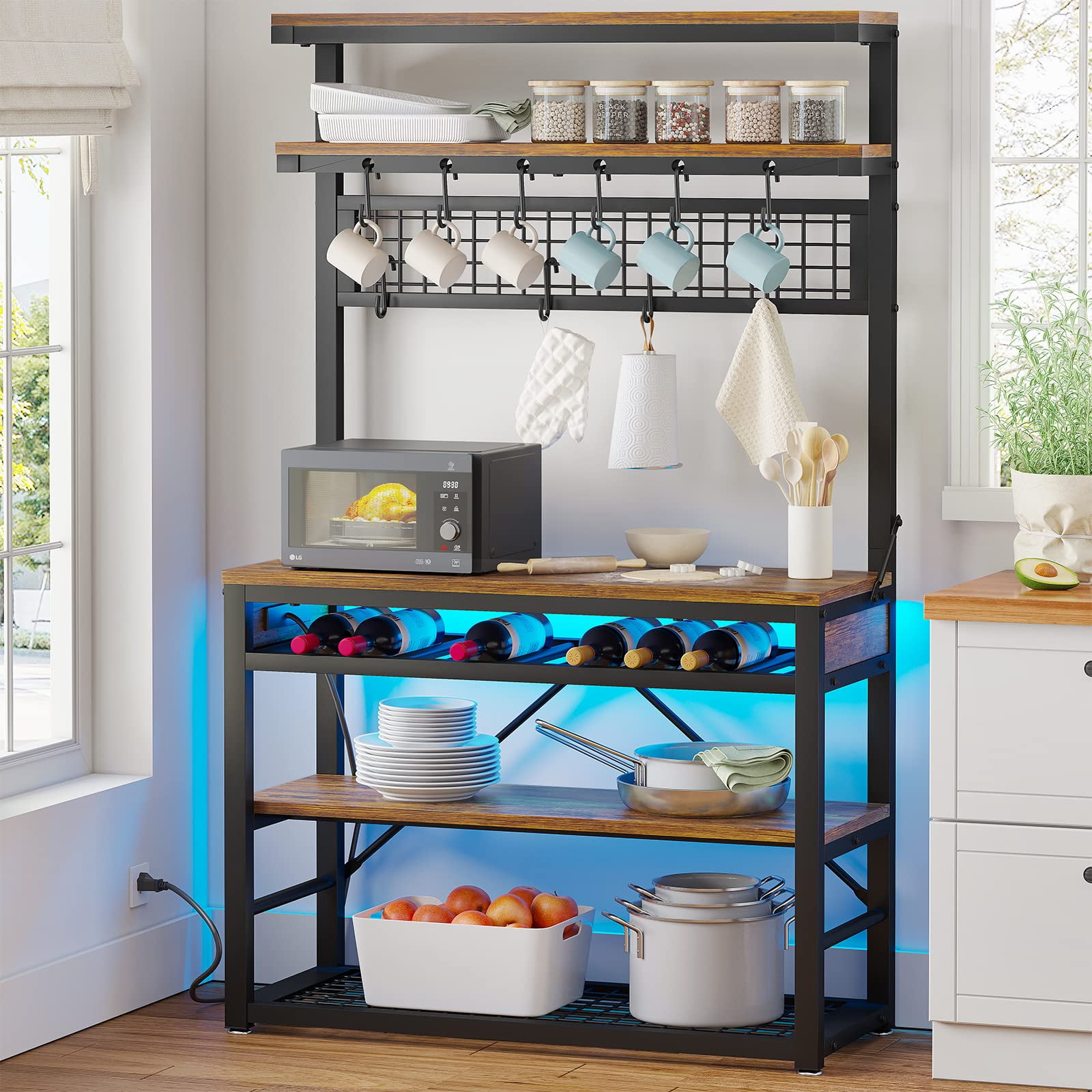 Kitchen LED Lights Baker s Rack 6 Tier Utility Storage Shelf with Power Outlet Rustic Brown Walmart