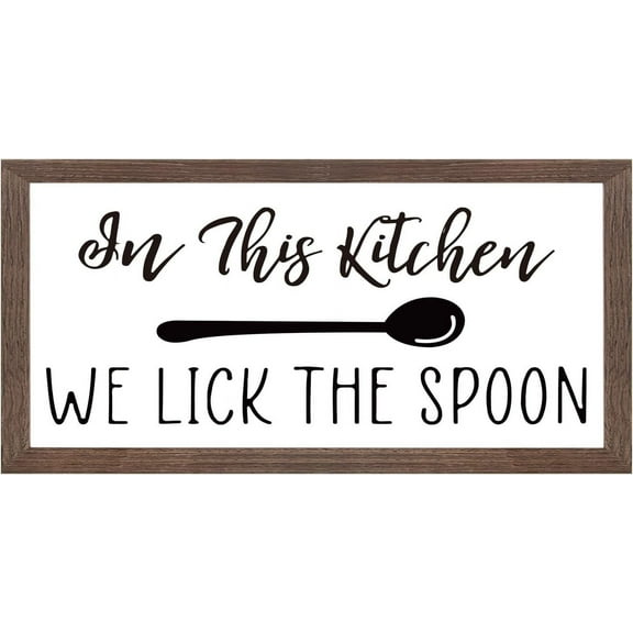 In This Kitchen We Lick The Spoon Art Sign Solid Wood Framed Block Sign Funny Farmhouse Decor Sign with Arylic Layer 13x7 Inch Large Hangable Wooden Frame for Home Decor Colorful