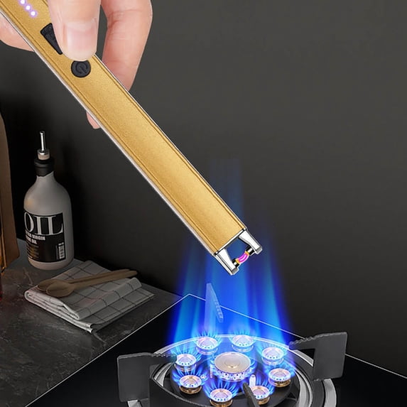 Kitchen Lighter, Windproof USB Rechargeable Gas Stove Igniter, Extended Handle Electronic Ignition Stick with Battery Indicator for Candles Barbecue, Gold