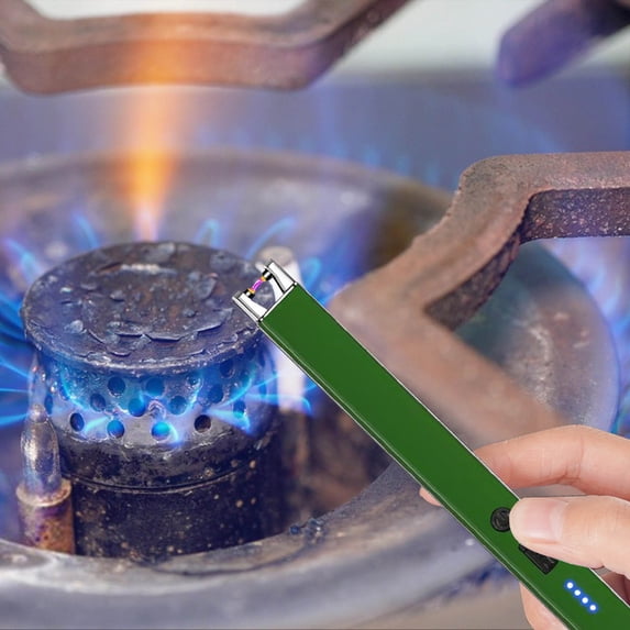 Kitchen Lighter, Windproof USB Rechargeable Gas Stove Igniter, Extended Handle Electronic Ignition Stick with Battery Indicator for Candles Barbecue, Green