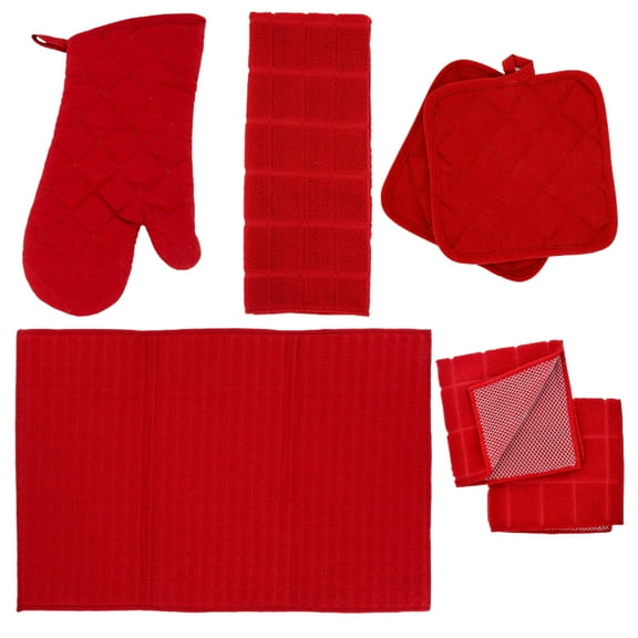 Kitchen Linen Towel Set 6pcs Home Collection with Quilted Pot Holders Oven Mitts Dish Towel Drying Mat & Microfiber Scrubber for Safe Baking Cooking Grilling Kitchen Accessories and Supplies (Red)