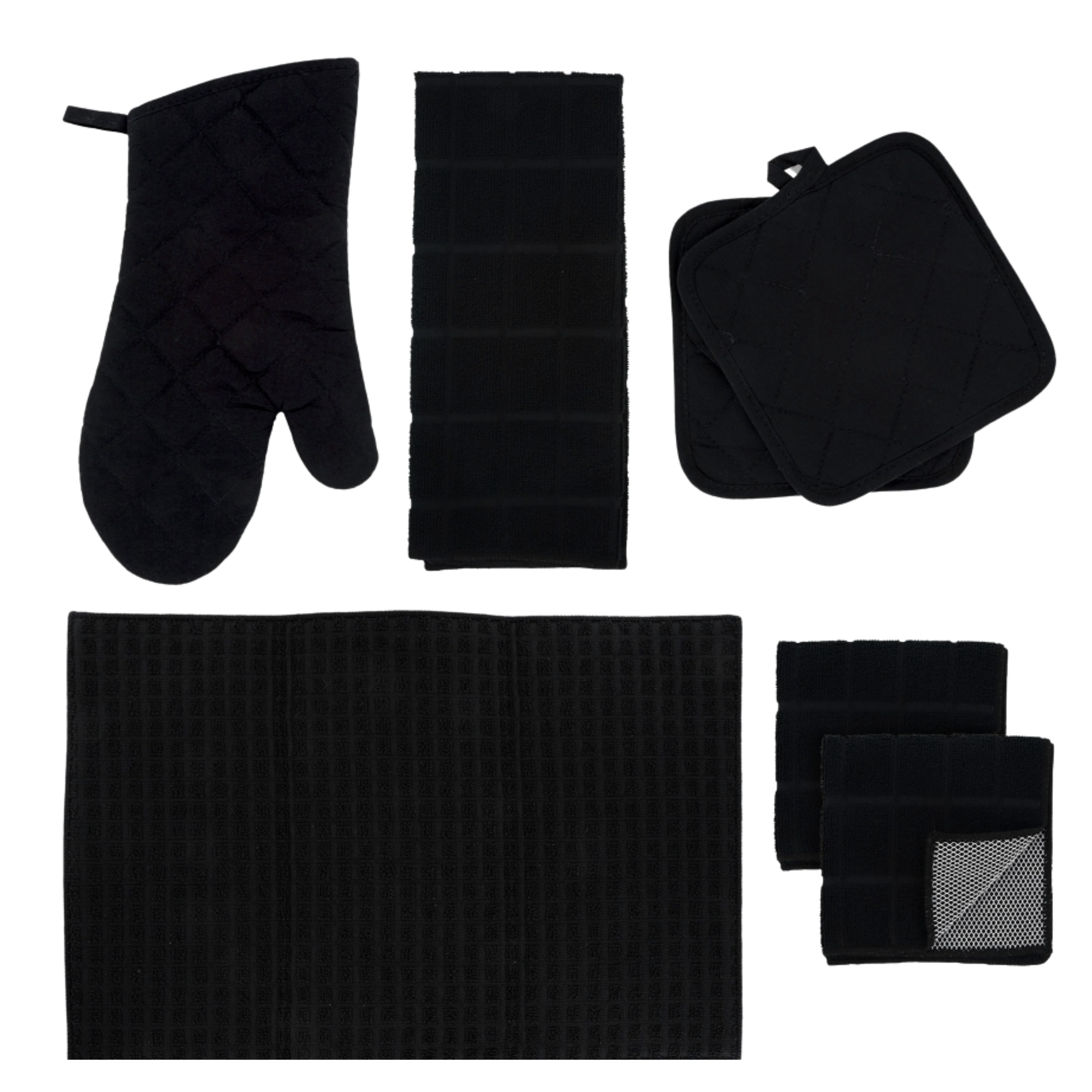 Kitchen Linen Towel Set 7pcs Home Collection with Quilted Pot Holders Oven Mitts Dish Towel Drying Mat & Microfiber Scrubber for Safe Baking Cooking Grilling Kitchen Accessories and Supplies (Black)