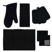 Kitchen Linen Towel Set 7pcs Home Collection with Quilted Pot Holders Oven Mitts Dish Towel Drying Mat & Microfiber Scrubber for Safe Baking Cooking Grilling Kitchen Accessories and Supplies Black